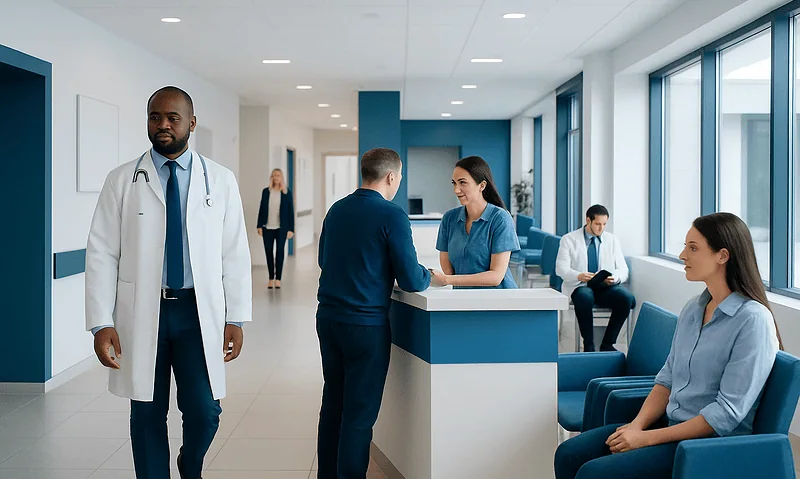 Healthcare professionals and patients in a modern hospital reception area.