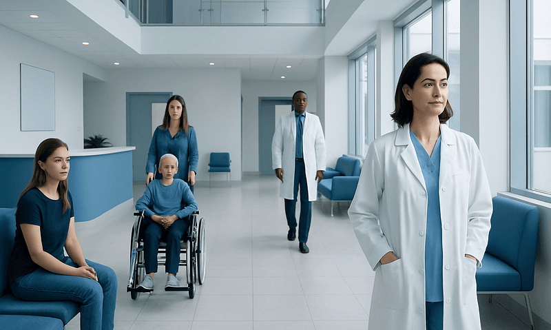 Medical team and patient in hospital corridor at Acibadem Hospitals Group.