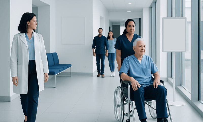Health Library 18 Hospital staff assisting elderly patient in wheelchair in modern hospital corridor.