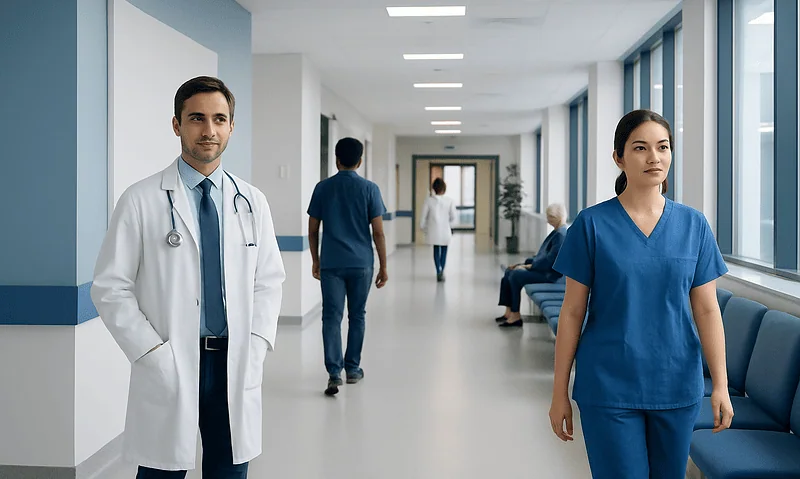 What is diuresis? A Doctor-Reviewed Answer 5 Healthcare professionals in a hospital corridor with large windows and seating area.