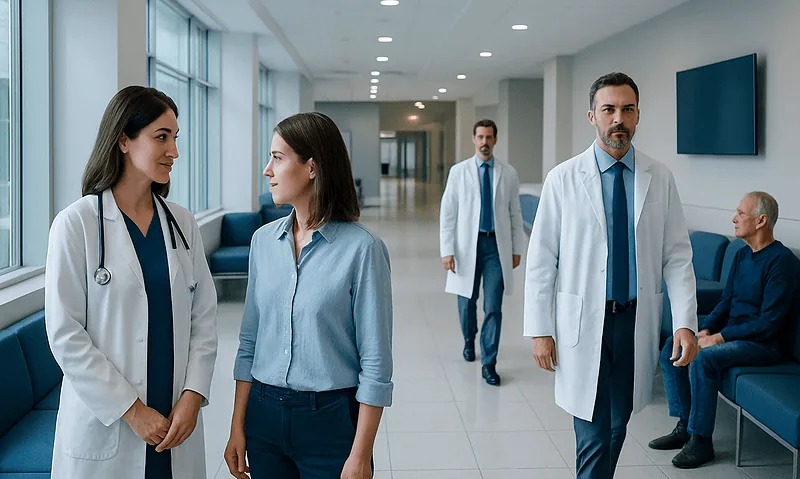 Medical team walking in hospital corridor at Acibadem Hospitals Group.