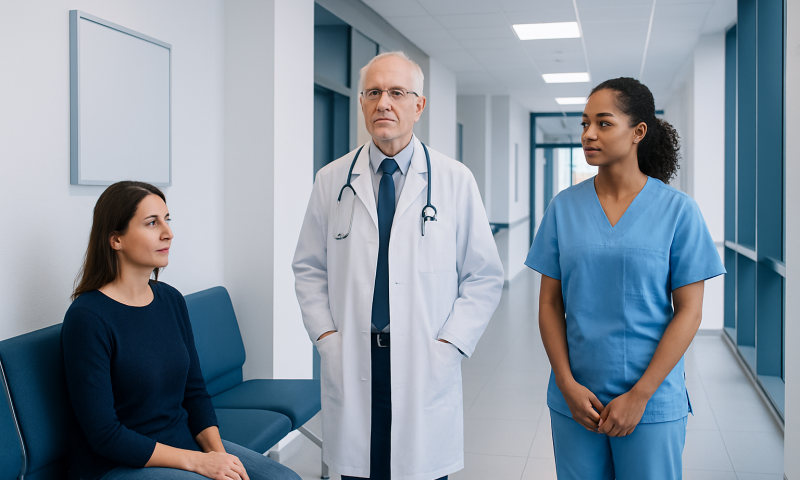 Doctor consulting with a patient and nurse in hospital corridor.