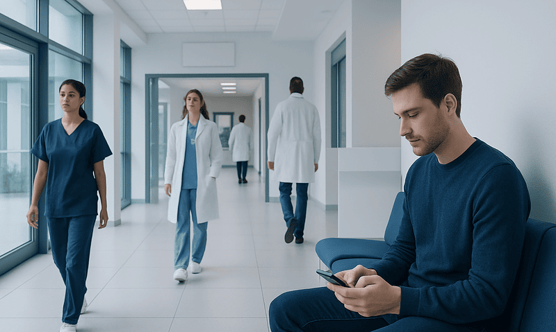 Young man waiting in hospital corridor using smartphone, healthcare staff in background.