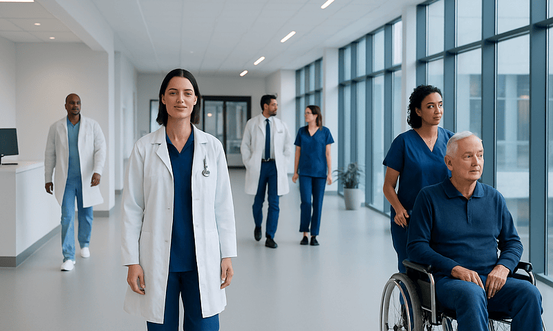 Healthcare professionals and a patient in a modern hospital corridor.
