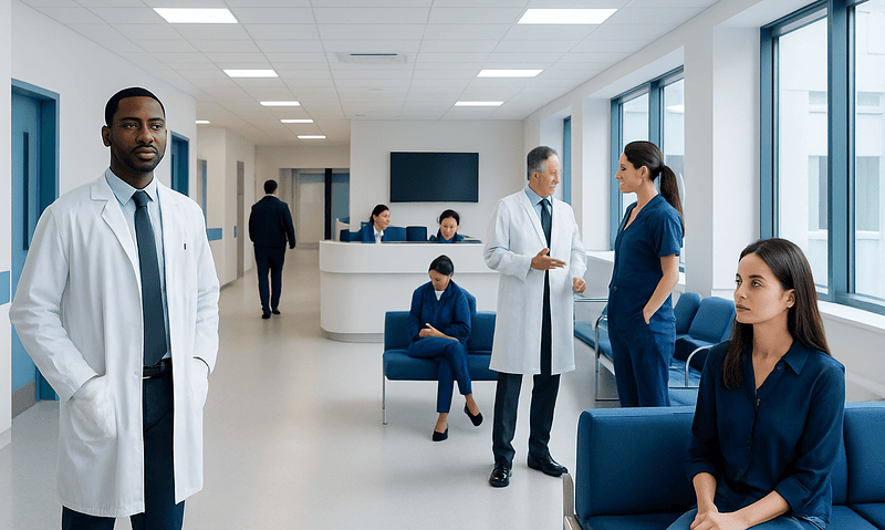 Medical professionals and staff in a modern hospital waiting area.