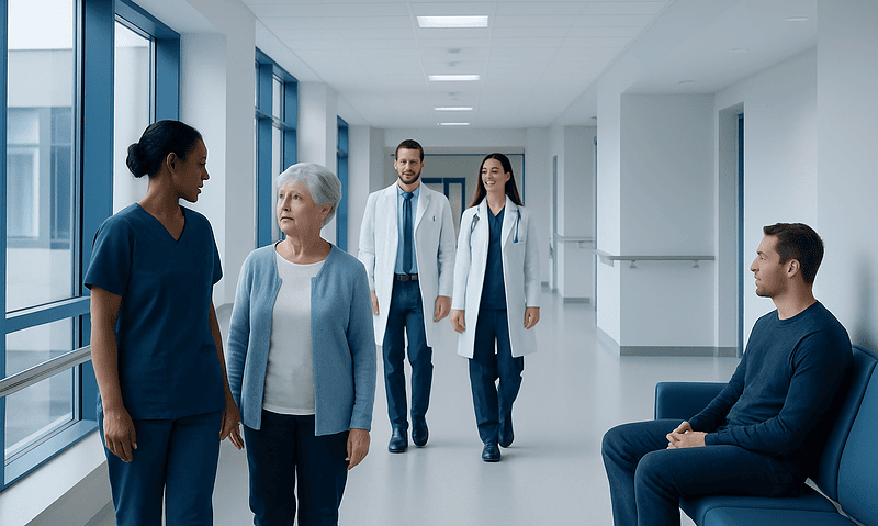 Healthcare professionals and patient in hospital corridor.