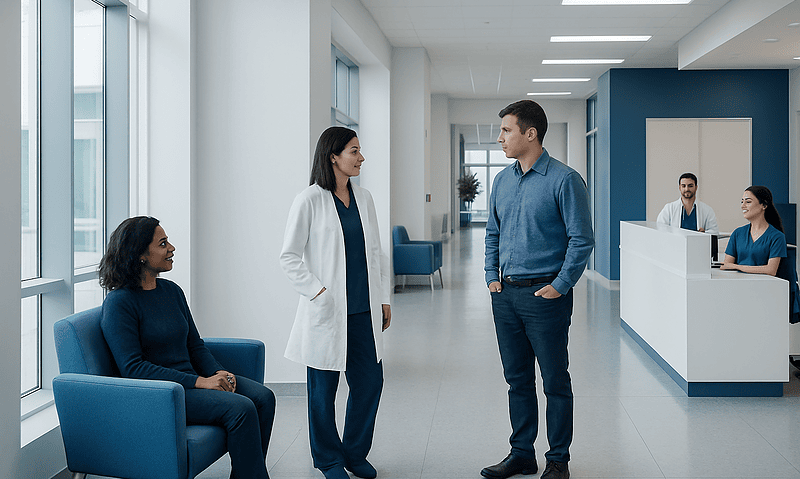 Medical consultation in a modern hospital corridor with healthcare professionals.