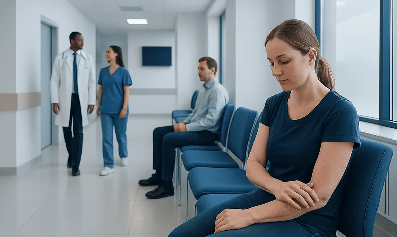 Patient waiting in hospital corridor with healthcare professionals nearby.