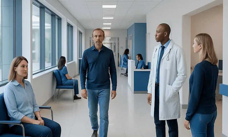 Doctor consulting with patients in a hospital corridor.