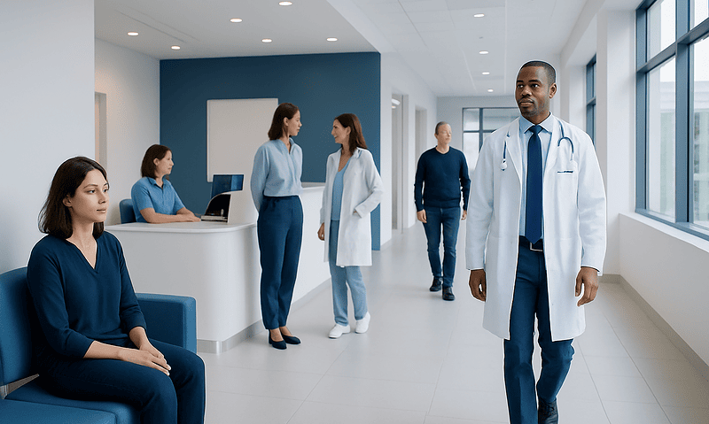 Medical staff and doctor in a modern hospital corridor.