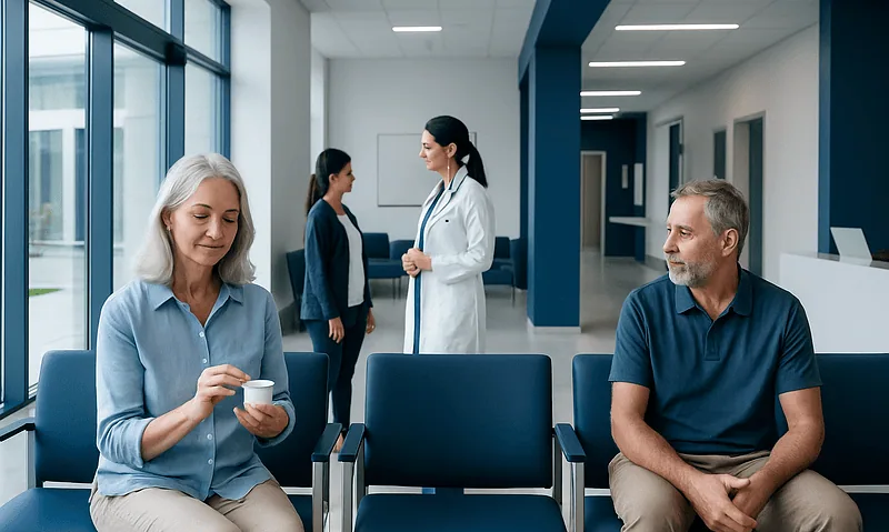 Patients waiting in a modern hospital lobby with medical staff in the background.