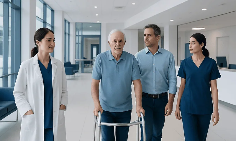 Elderly patient with healthcare team in modern hospital corridor.
