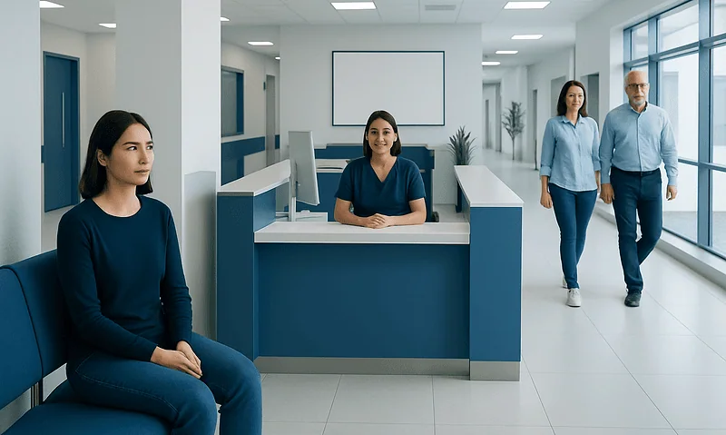 Modern hospital reception area with staff and patient in a bright, clean environment.