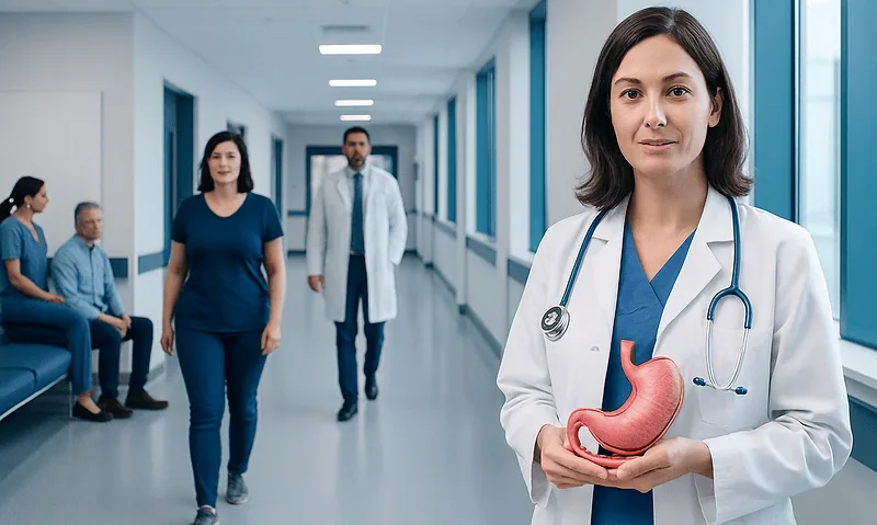 Doctor holding a stomach model in hospital corridor with patients and staff.