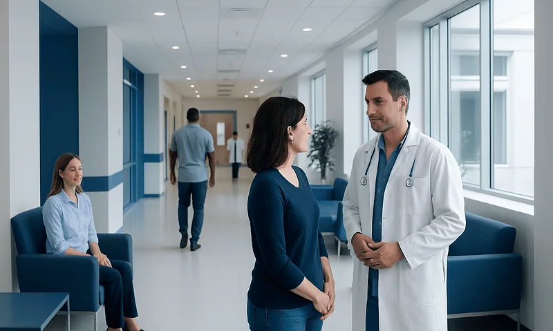 Doctor consulting patient in hospital corridor with waiting area.