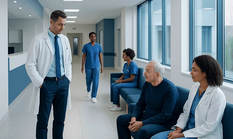 Doctor consulting elderly patient in hospital corridor with medical staff nearby.