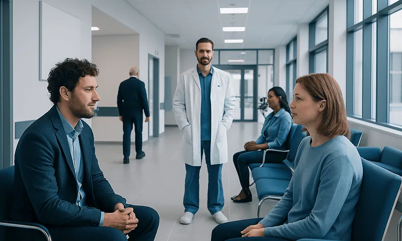 Medical consultation in hospital corridor with doctor and patients.