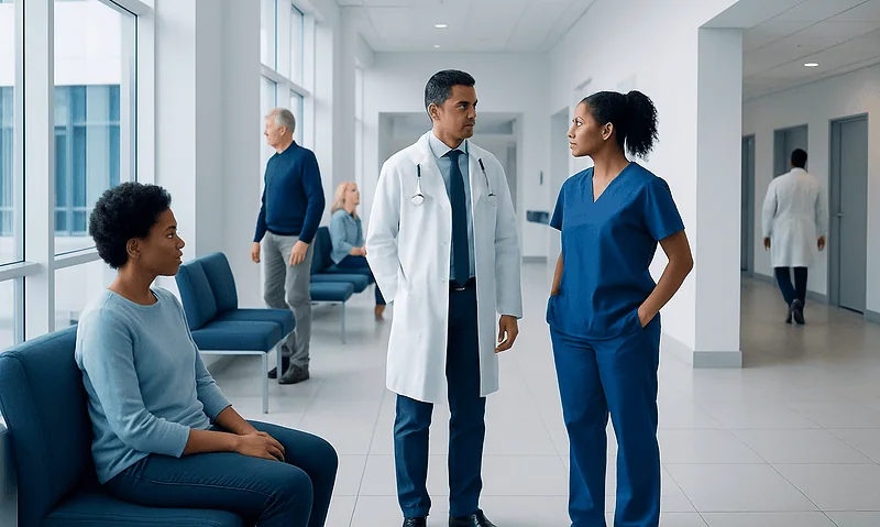 Medical professionals and patient in hospital corridor at Acibadem Hospitals Group.