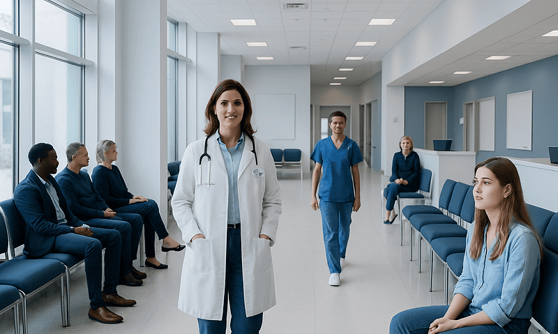 Doctor and medical staff in a hospital waiting area.