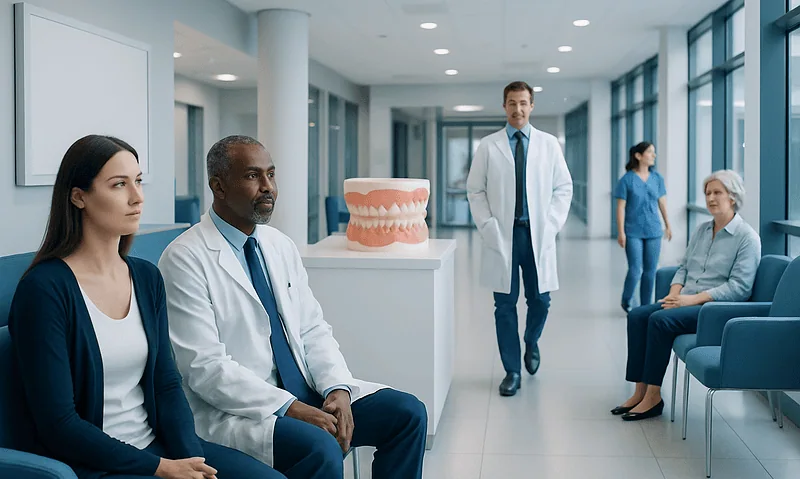 Dentists and patients in a dental clinic waiting area with a dental model on display.