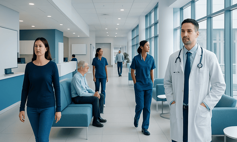 Healthcare professionals and patients in a modern hospital corridor.