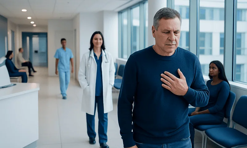 Health Library 8 Man experiencing chest pain in a hospital corridor with medical staff nearby.