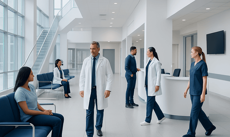 Modern hospital lobby with medical staff and patients in a bright, clean environment.