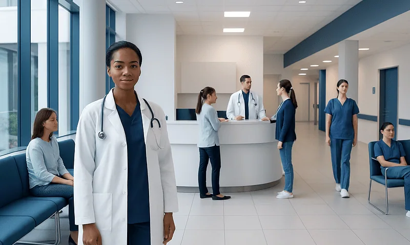 Diverse medical team in modern hospital lobby with patient chairs and reception desk.