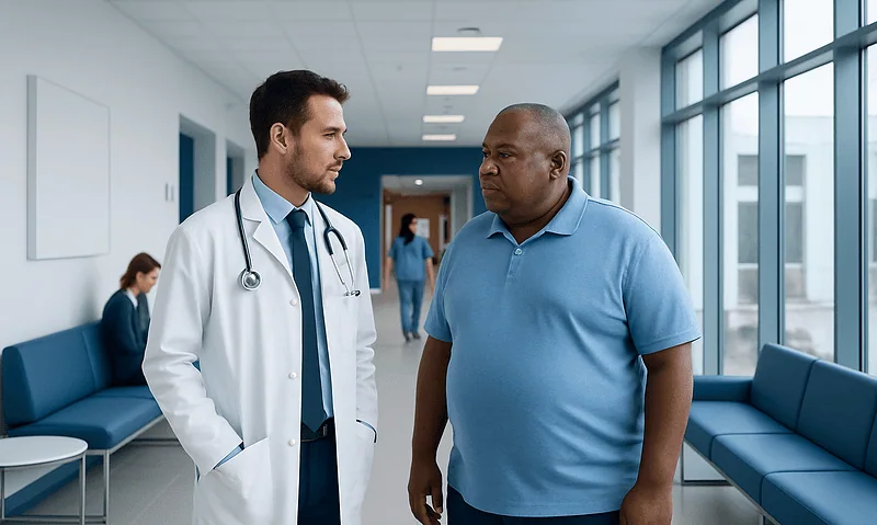 Doctor and patient having a discussion in a hospital corridor.