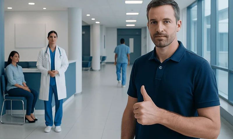 Man giving thumbs up in hospital corridor with medical staff in background.