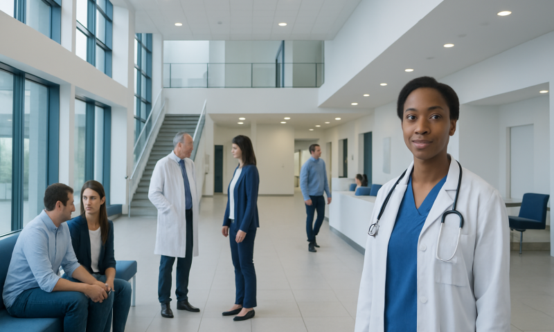 Diverse medical team in a modern hospital lobby with a female doctor in the foreground.
