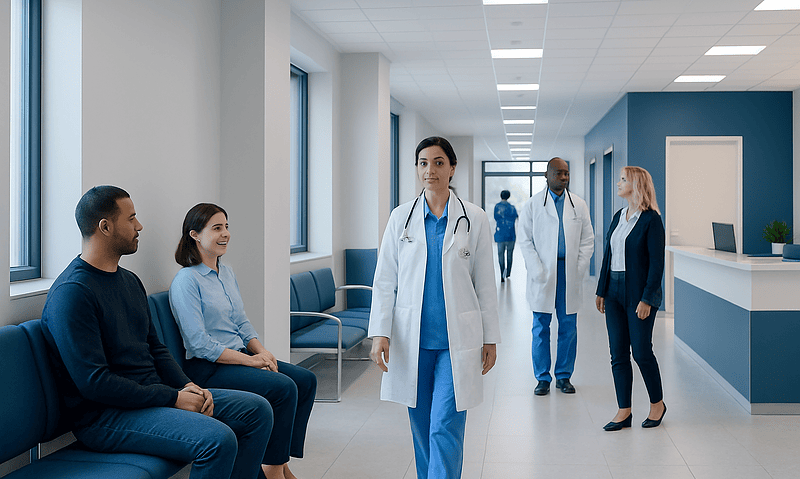 Healthcare professionals and patients in a modern hospital corridor.