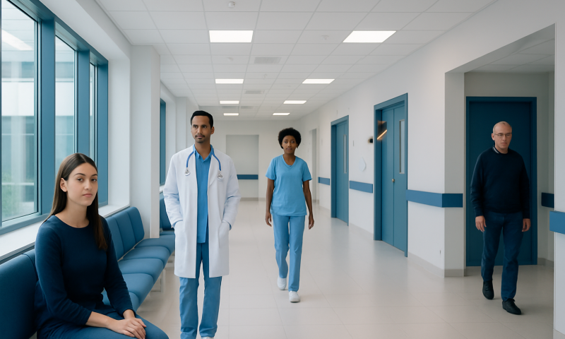 Healthcare professionals and patient in a modern hospital corridor.