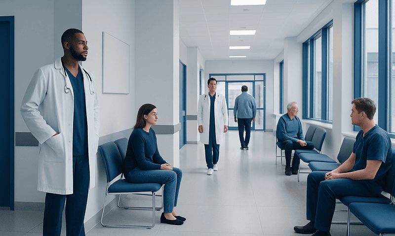 Medical professionals and patients in a hospital corridor.