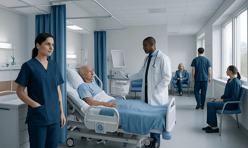 What Is ICU? Causes, Explanations, and Next Steps 2 Hospital staff attending to a patient in ICU with medical team and visitors present.
