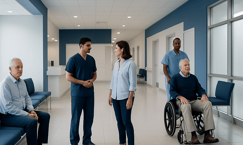 Medical team consulting with elderly patients in hospital corridor.