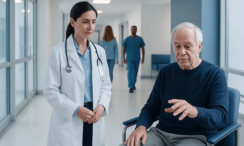 Intention Tremor: What Patients Need to Know 1 Doctor consulting elderly patient in hospital corridor.