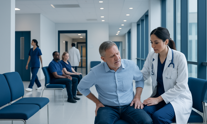 Doctor consulting with elderly patient in hospital corridor.