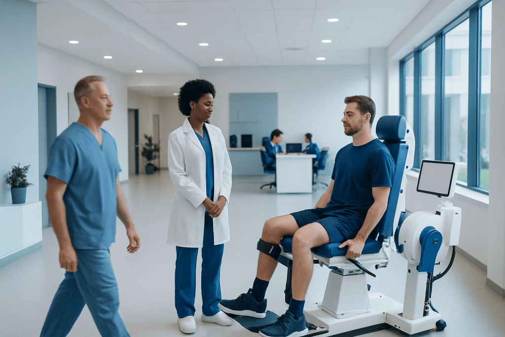 Isokinetic Exercise: What Patients Need to Know 1 Patient undergoing assessment with medical staff in a modern hospital setting.
