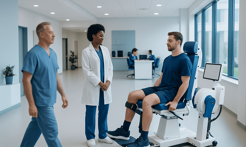 Patient undergoing assessment with medical staff in a modern hospital setting.