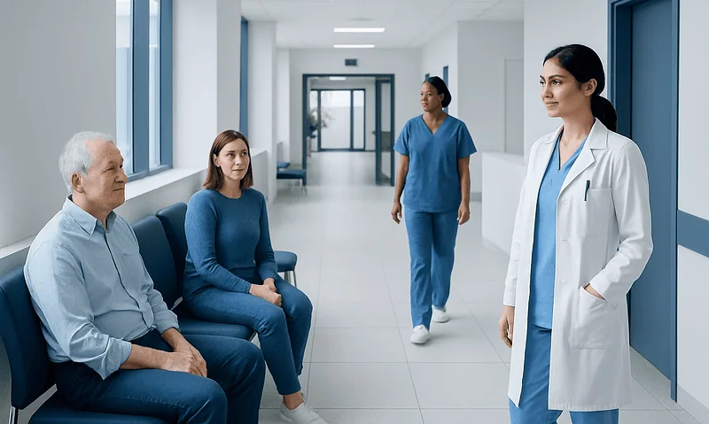 Medical consultation in hospital corridor with healthcare professionals and patient.