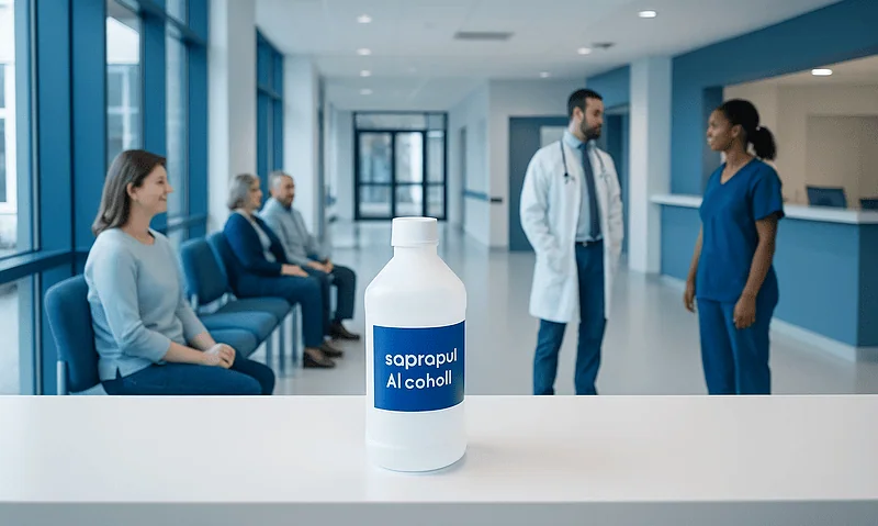 Alcohol-based hand sanitizer bottle in hospital waiting area.