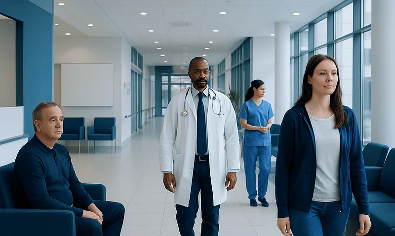 Patients and medical staff in a modern hospital waiting area.