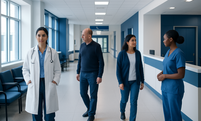 Medical professionals and a patient walking in a hospital corridor.