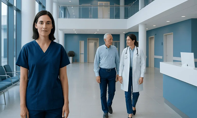 Healthcare professionals in a modern hospital lobby with blue accents.