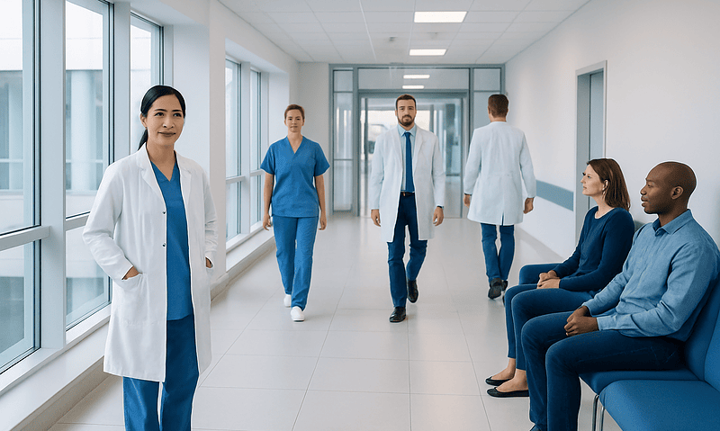 Medical team walking in hospital corridor with patients seated.
