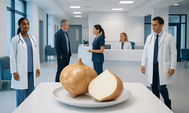 Medical professionals discuss jicama in a hospital setting.