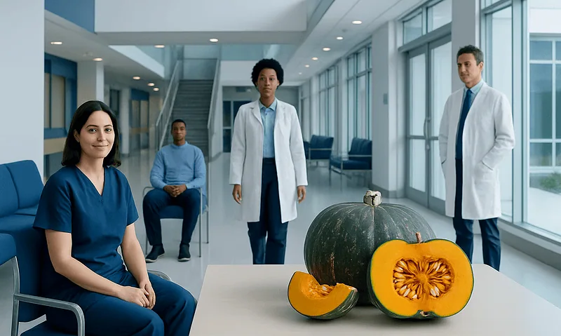 Medical team with pumpkin in hospital corridor for health awareness.