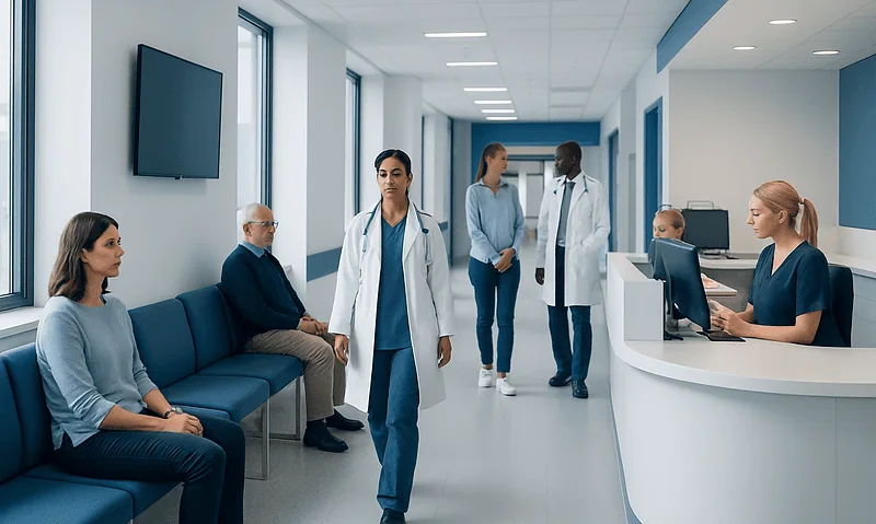 Hospital waiting area with medical staff and patients at Acibadem Hospitals Group.