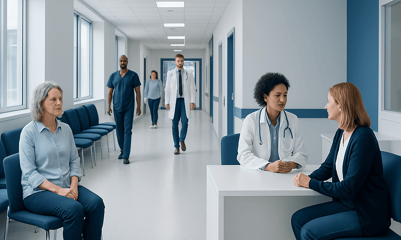 Medical consultation in a hospital corridor with healthcare professionals and patients.